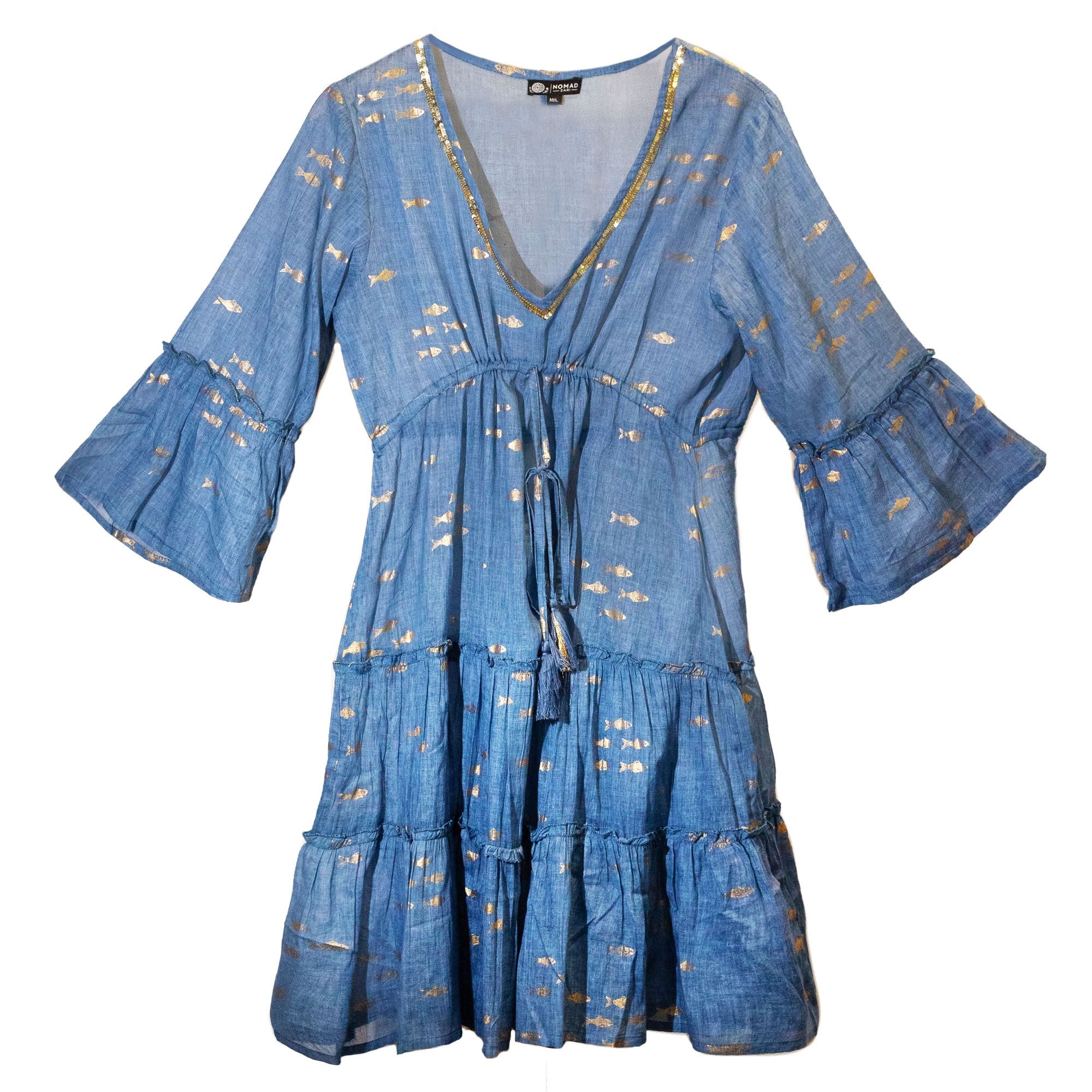 Vestido Nomad Sari Mar Mediterrâneo com estampado de peixes azuis e dourados