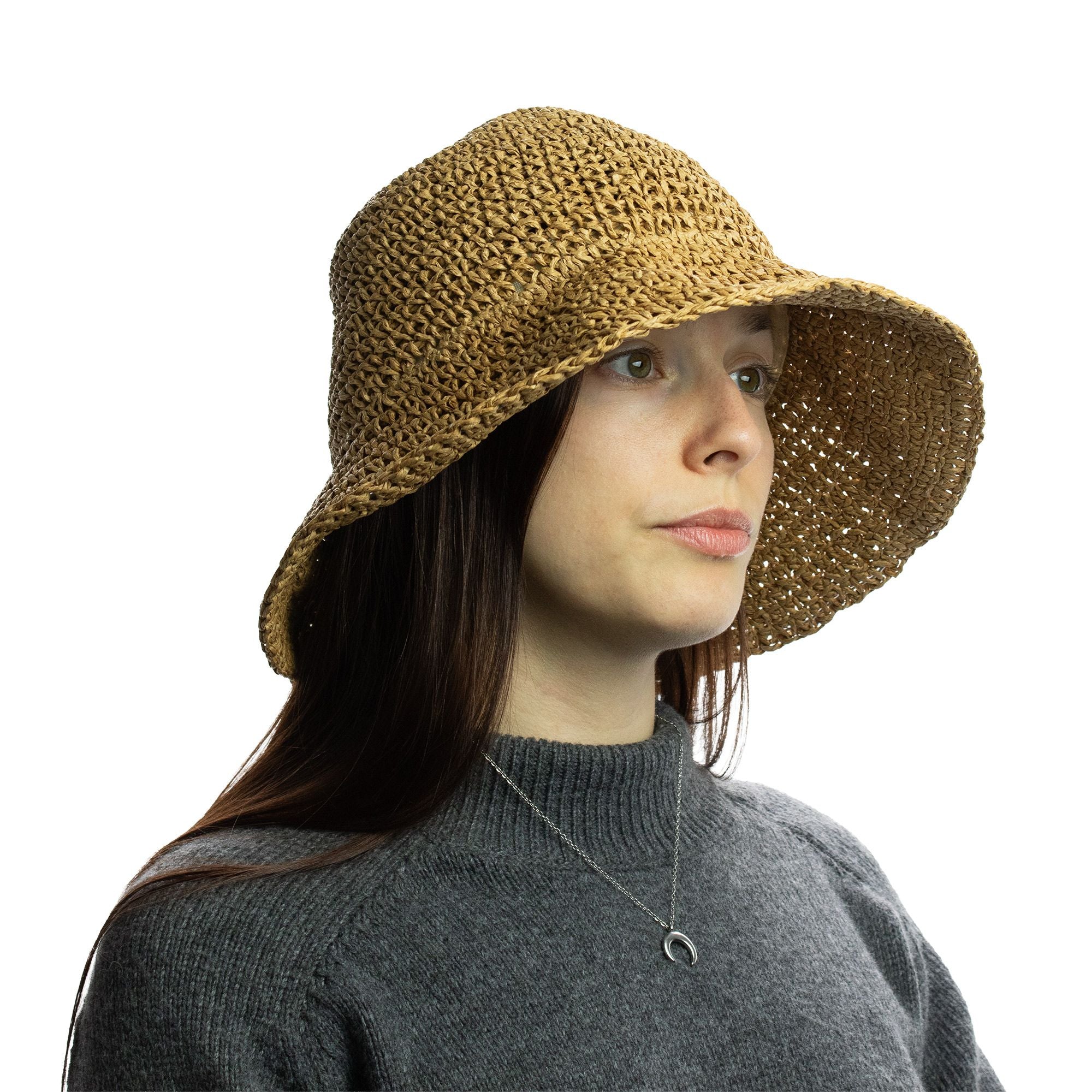 Chapéu de sol em palha Nomad Sari com aba flexível - Café Natural