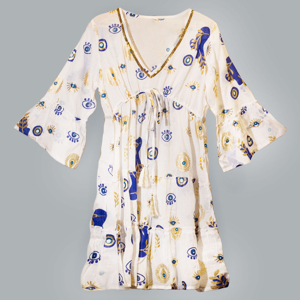 Vestido Sari Nômade Olho Grego – Branco, Azul e Dourado – Tamanho M/L