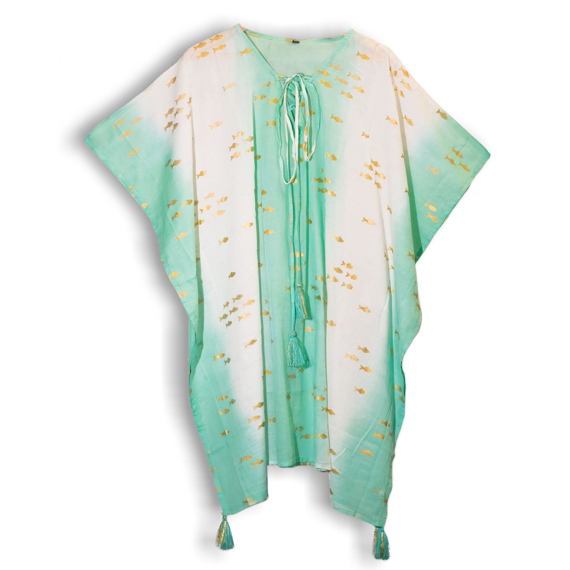 Colección Nómada Sari Mediterráneo - Kaftán - Diseño de Peces en Blanco, Turquesa y Oro