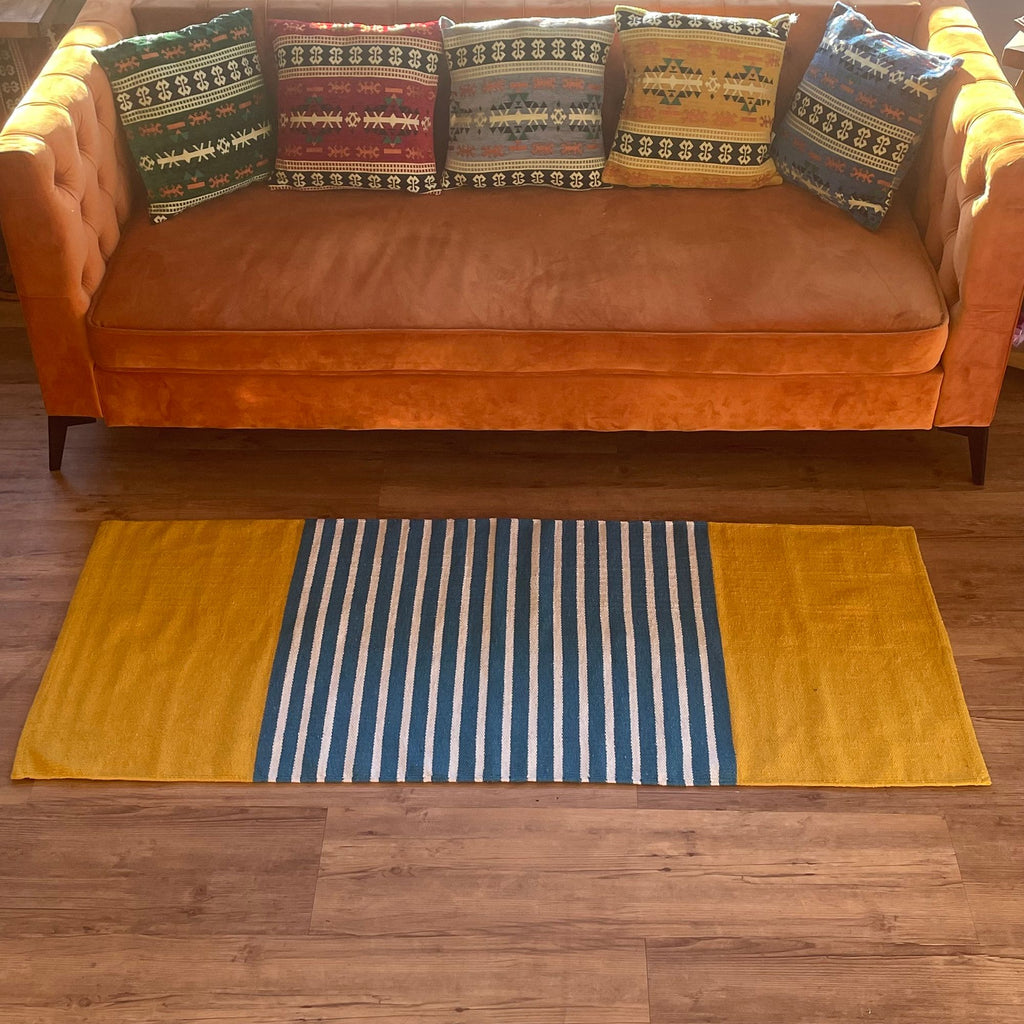 Tapete em algodão indiano - 70x170cm - Amarelo/Azul