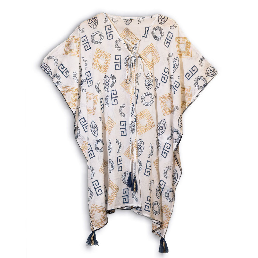 Kollektion Nomada Sari Mediterraneo – Kaftan – Griechisches Motiv in Gold und Blau – Handbemalt