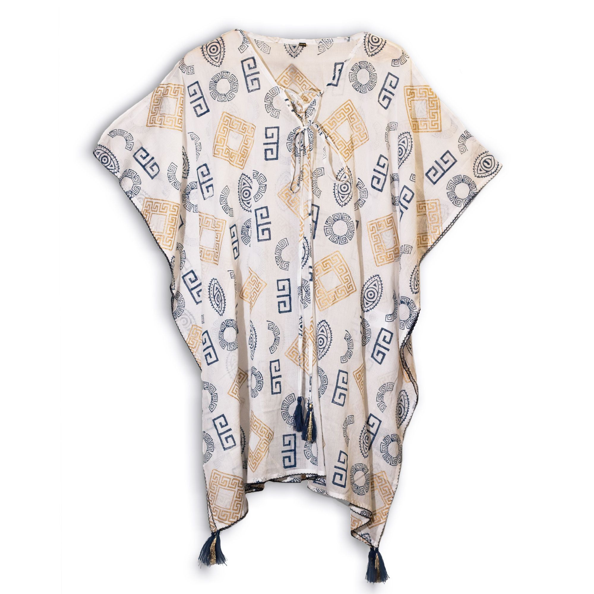 Kollektion Nomada Sari Mediterraneo – Kaftan – Griechisches Motiv in Gold und Blau – Handbemalt