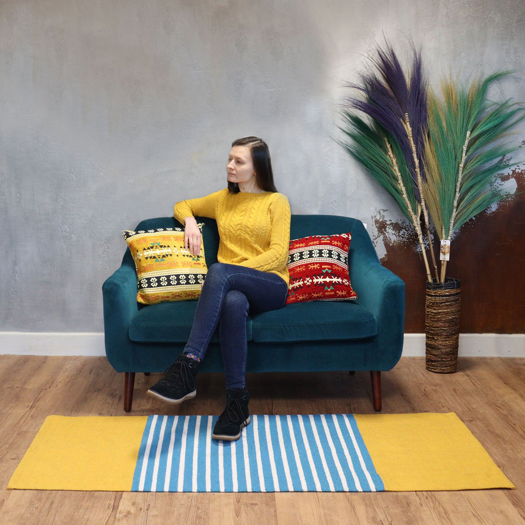 Tapete em algodão indiano - 70x170cm - Amarelo/Azul