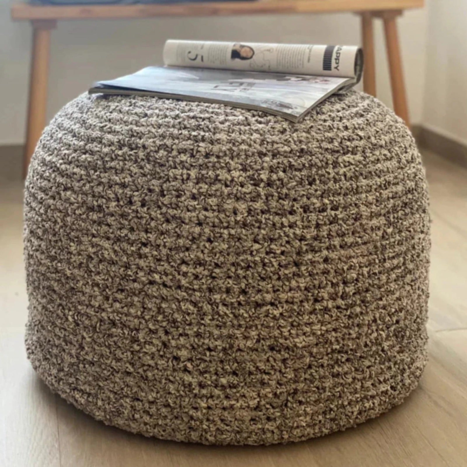 Bouclé Pouf Ottoman | Beige and Brown