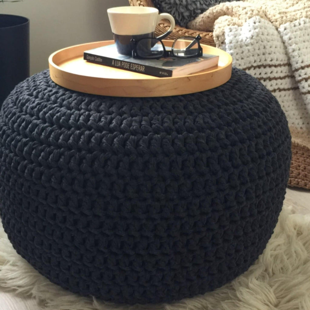 Charcoal Round Pouf Ottoman - Cozy Crochet Floor Seating