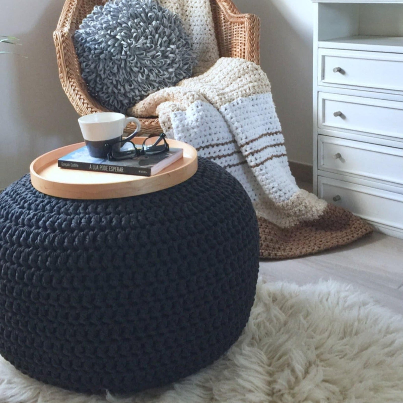 Charcoal Round Pouf Ottoman - Cozy Crochet Floor Seating