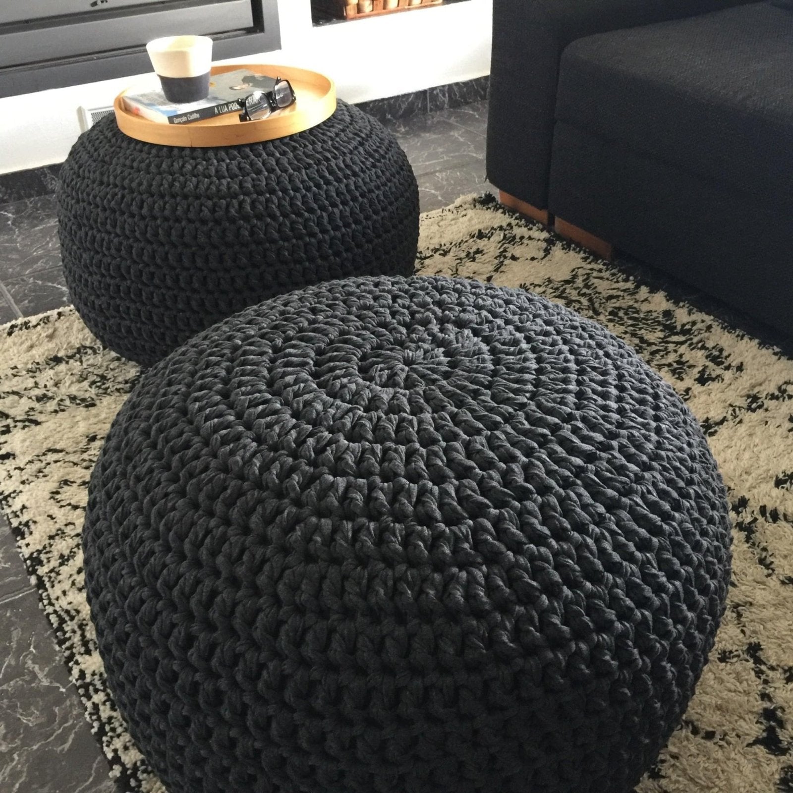 Charcoal Round Pouf Ottoman - Cozy Crochet Floor Seating