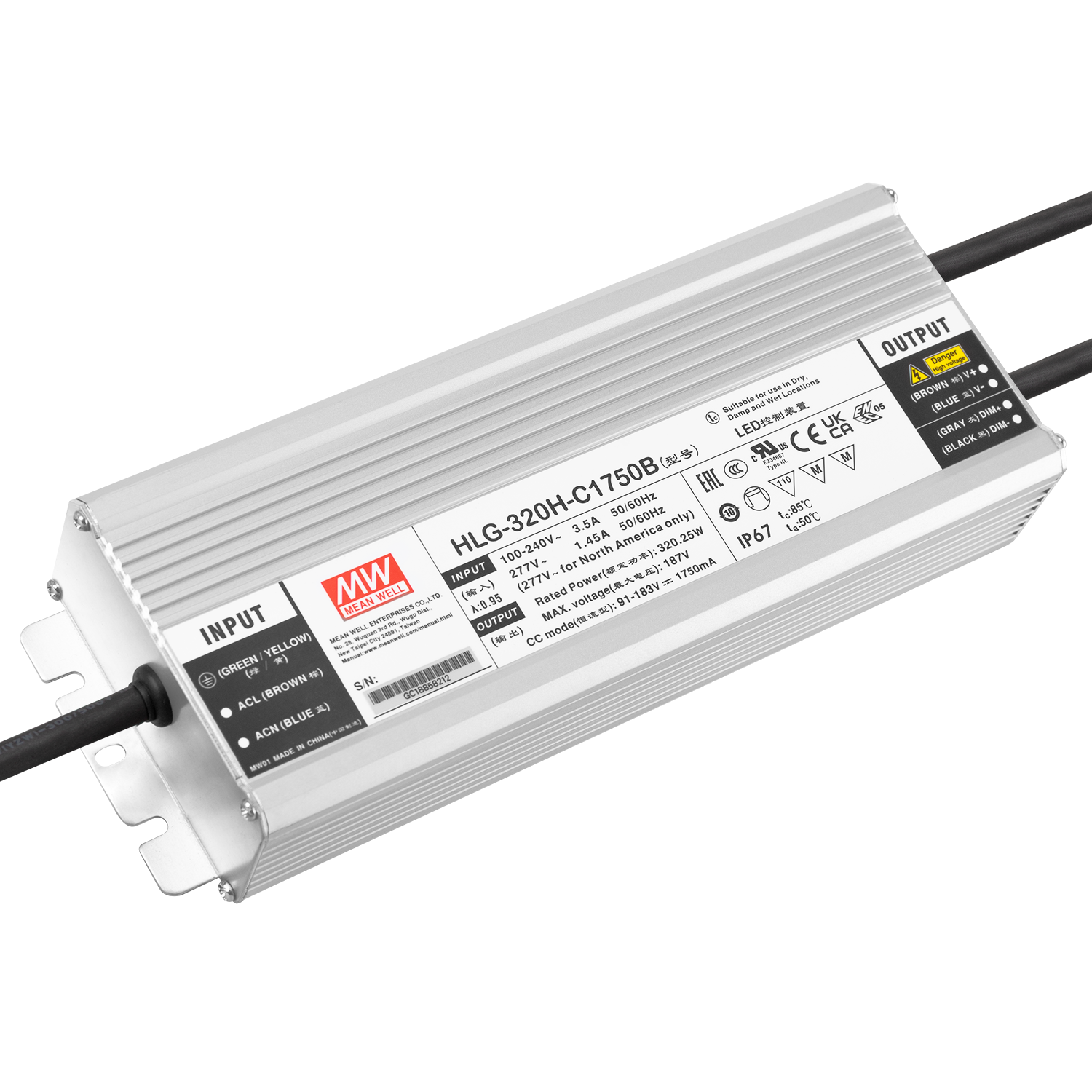 Meanwell LED-Treiber 320W 90-305VAC 1750A IP67