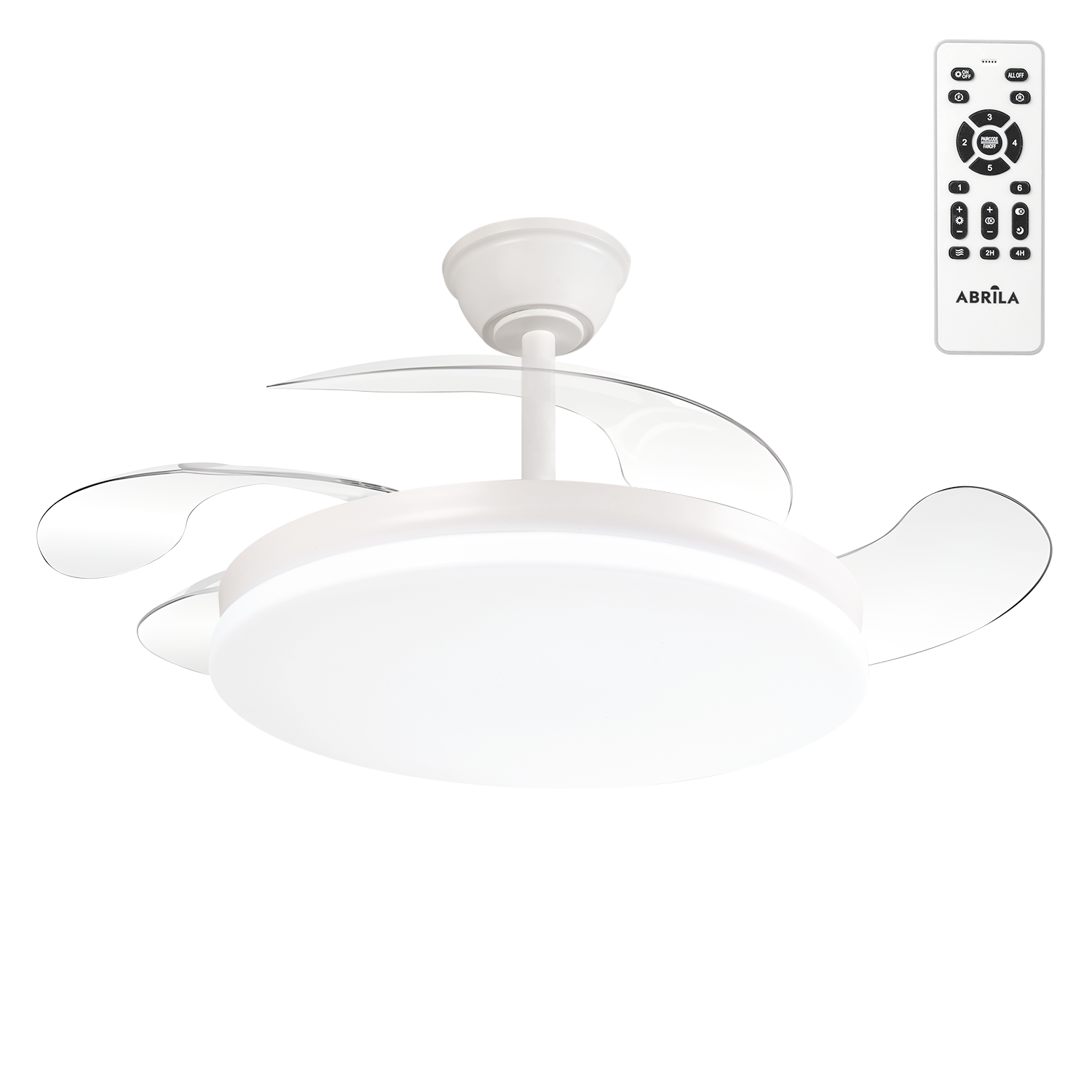 Trident DC-Ventilator, Sommer-Winter-Funktion, 59 W, Weiß, 4 Flügel, 107D, 6980 LM, Dimmer, Fernbedienung + Timer + Memory, 3000