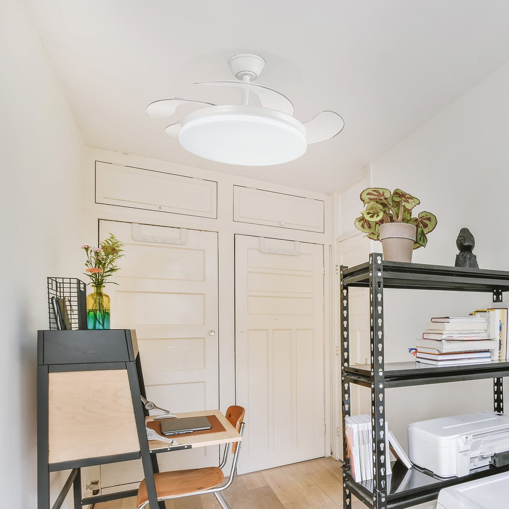 Trident DC-Ventilator, Sommer-Winter-Funktion, 59 W, Weiß, 4 Flügel, 107D, 6980 LM, Dimmer, Fernbedienung + Timer + Memory, 3000