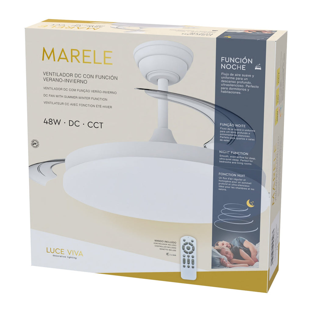 Ventilador DC "Marele", função verão/inverno, 48W, branco, 3 pás, 5040lm, 3500-4000-6500K, comando e temporizador