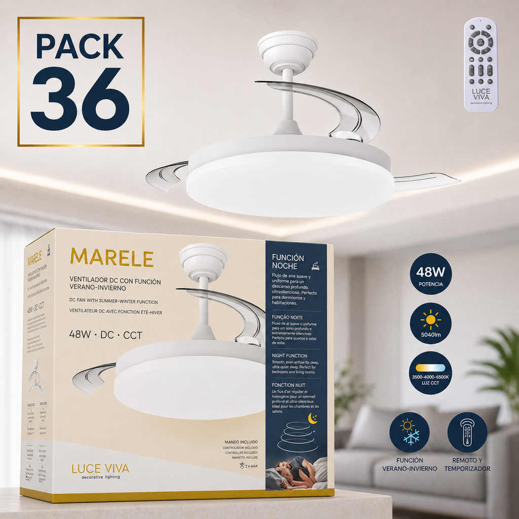 Pack com 36 ventiladores DC "Marele" · Função verão-inverno · 48W · Branco · 3 pás · 5040 lm · 3500-4000-6500K · Controle remoto e temporizador