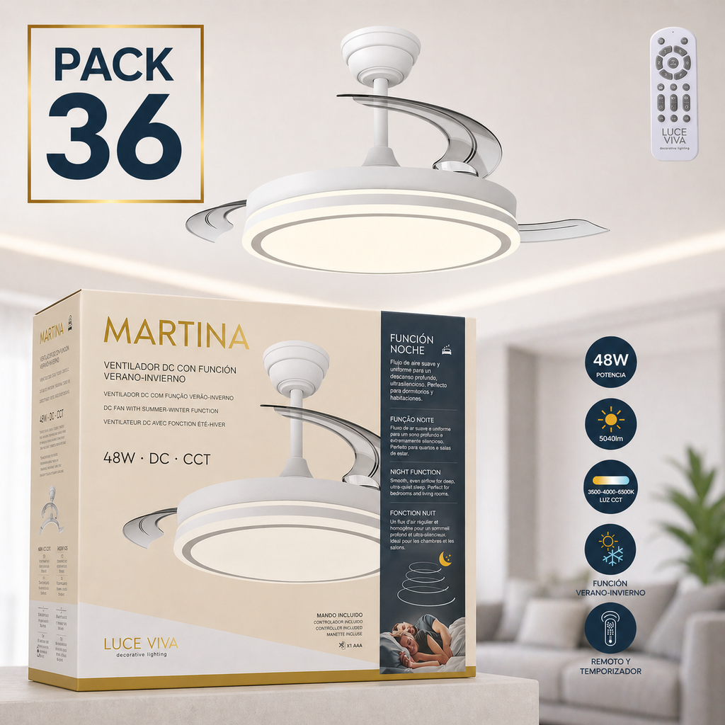 Pack com 36 ventiladores DC "Martina" · Função verão-inverno · 48W · Branco · 3 pás · 5040 lm · 3500-4000-6500K · Controle remoto e temporizador