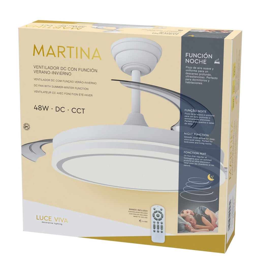 Pack com 36 ventiladores DC "Martina" · Função verão-inverno · 48W · Branco · 3 pás · 5040 lm · 3500-4000-6500K · Controle remoto e temporizador