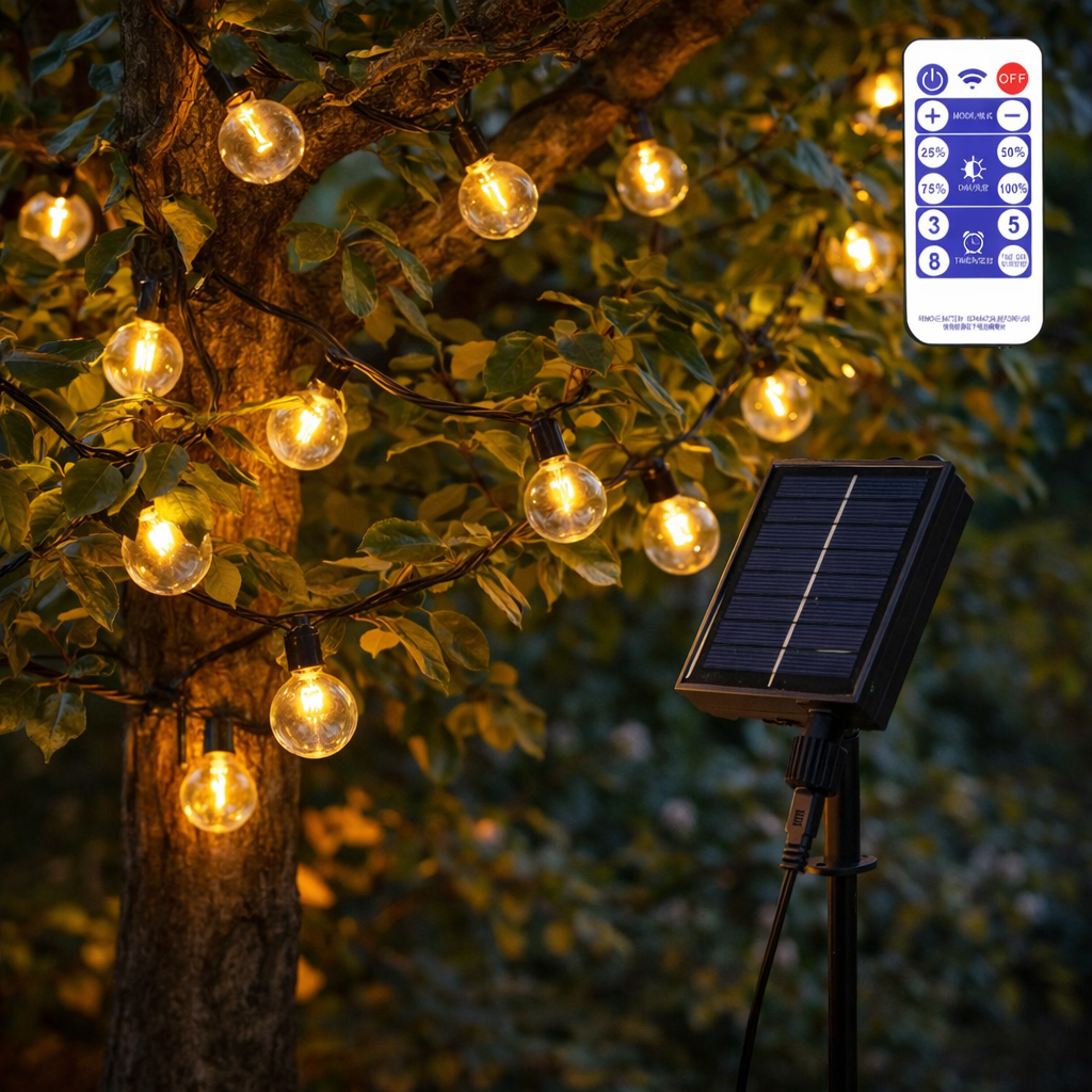 Corrente 25 Lâmpadas LED G40 2700ºK 9,5M Solar - Painel: 5,5V 1,2W Bateria: 3,7V 1200Mah [Ho-Cad-25-Sol-Ww]