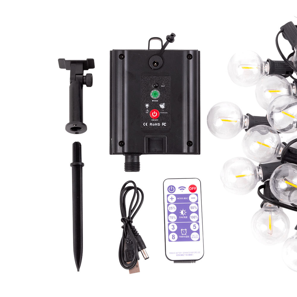 Corrente 25 Lâmpadas LED G40 2700ºK 9,5M Solar - Painel: 5,5V 1,2W Bateria: 3,7V 1200Mah [Ho-Cad-25-Sol-Ww]