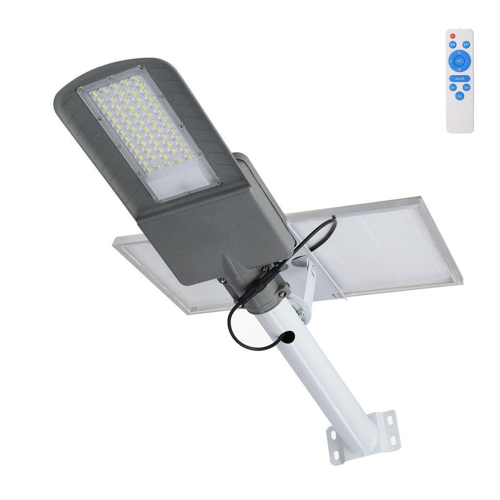 Luz de rua solar LED 100W 5000K Painel 6V 25W Bateria 20Ah Sensor crepuscular / Controle Remoto