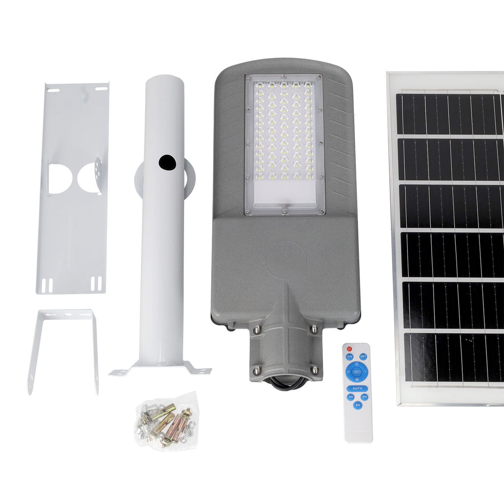 Luz de rua solar LED 100W 5000K Painel 6V 25W Bateria 20Ah Sensor crepuscular / Controle Remoto