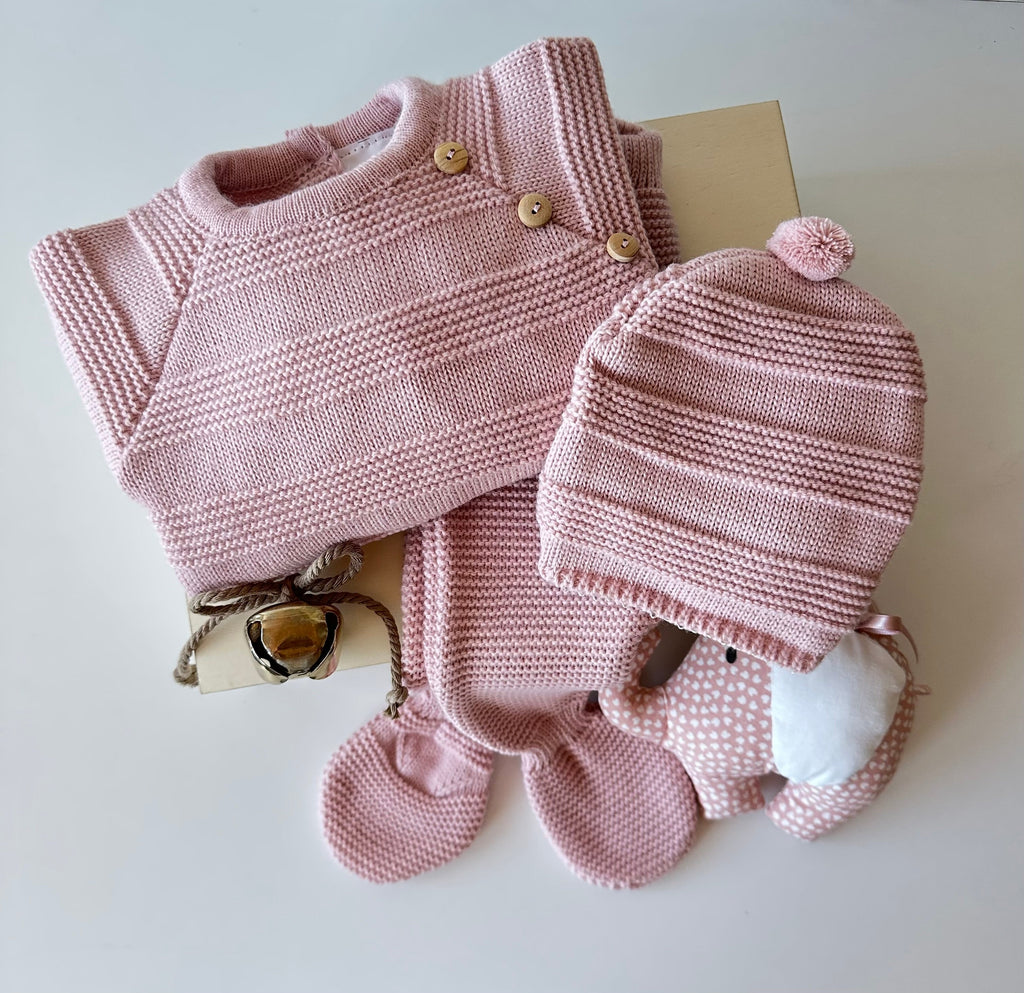 Set aus Altrosa Strick für Babys, 3-teilig, 100 % Baumwolle