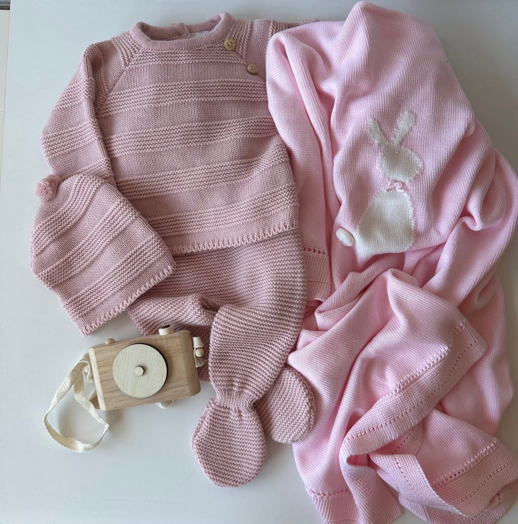 Set aus Altrosa Strick für Babys, 3-teilig, 100 % Baumwolle