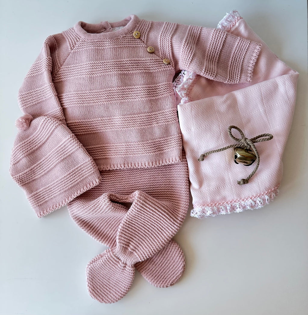 Set aus Altrosa Strick für Babys, 3-teilig, 100 % Baumwolle