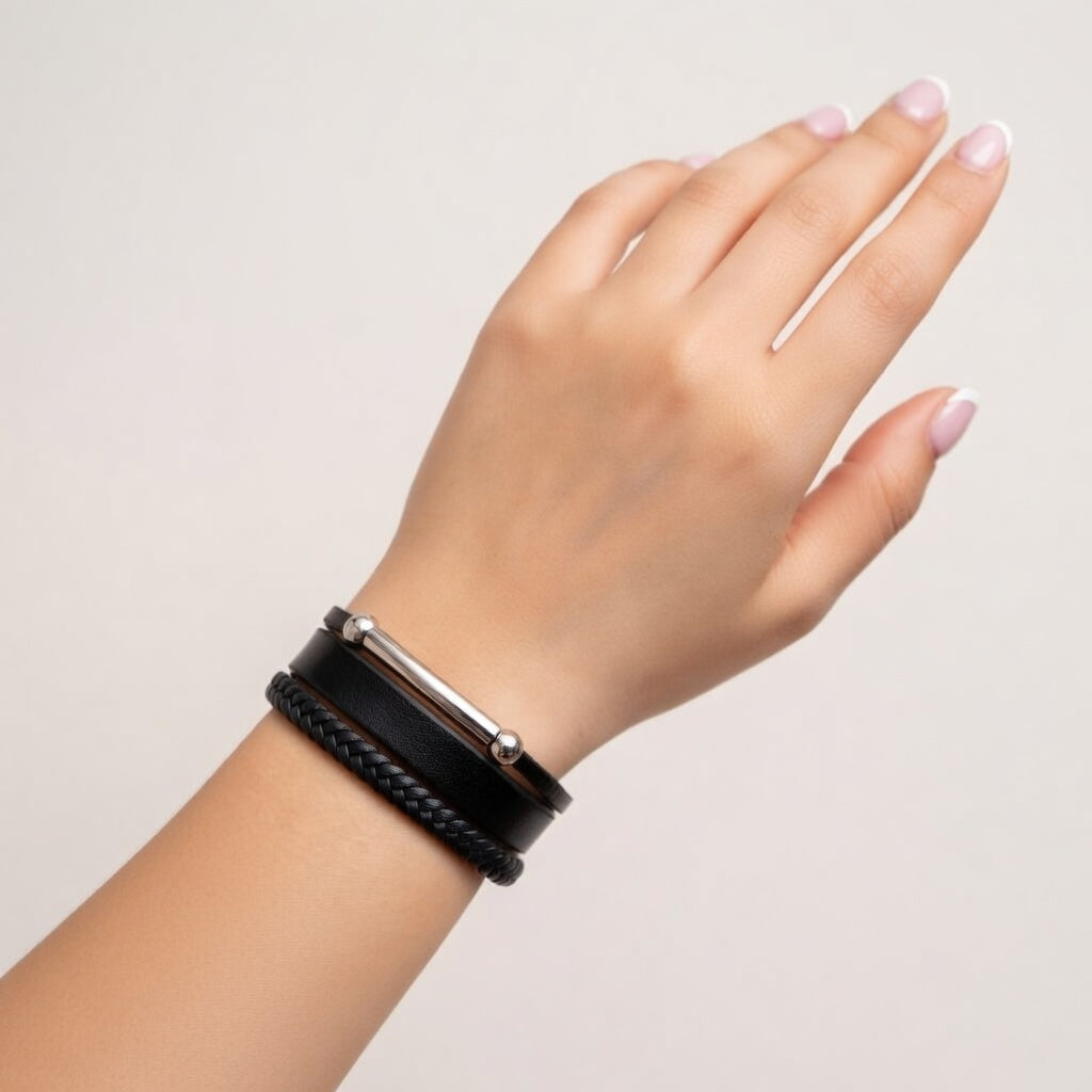 Pulseira de Couro e Aço Inoxidável