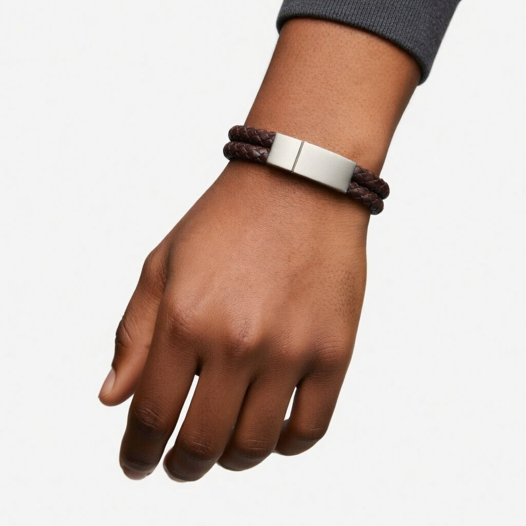 Pulseira Personalizada de Couro e Aço Inoxidável