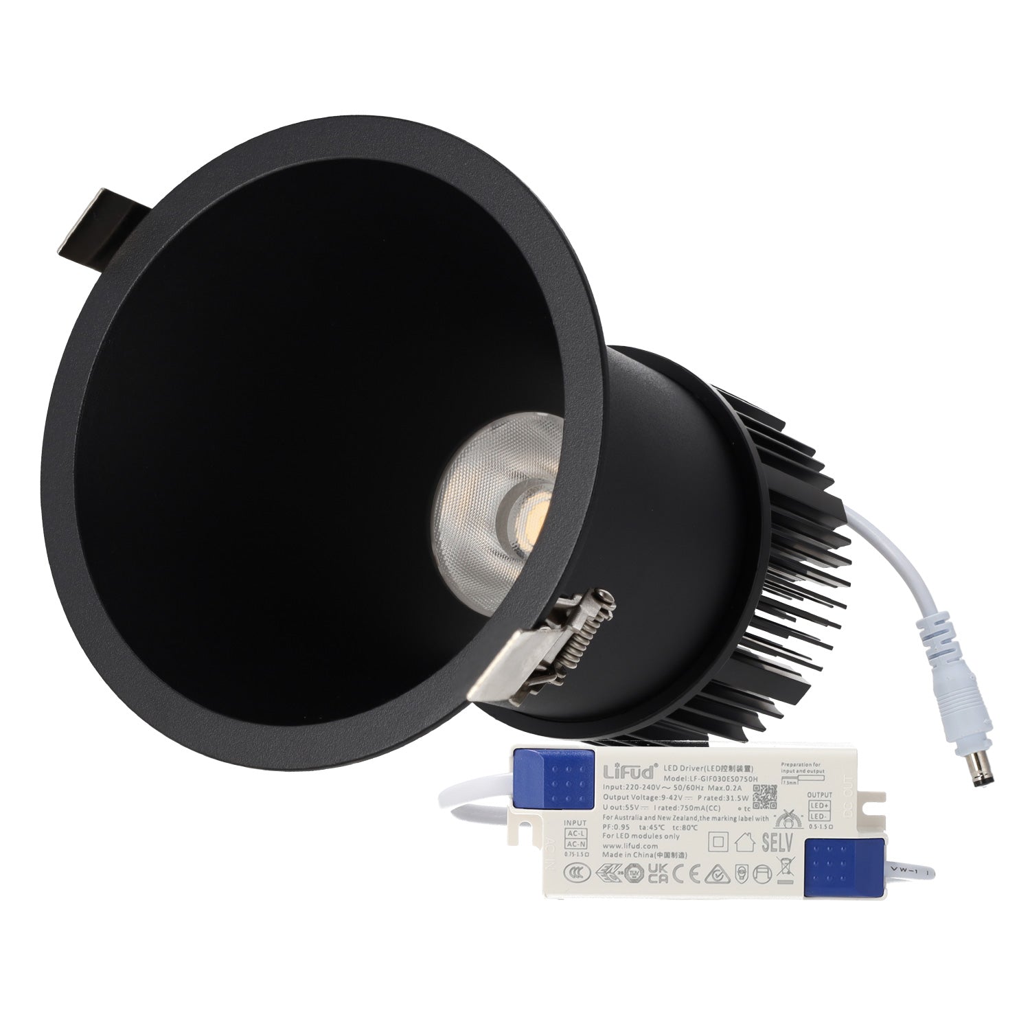 Luminária de encastrar LED 10W 90lm/W CRI>95 4000K Driver Lifud 50.000H Branco Natural Preto