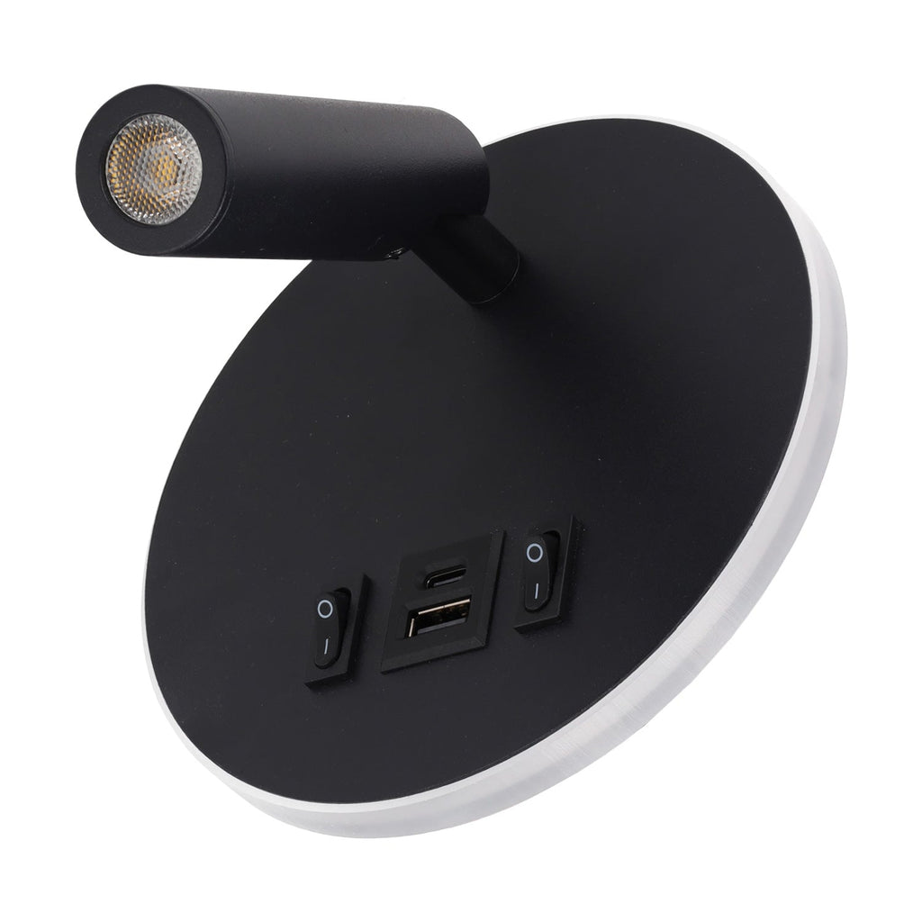 Foco LED redondo de 9 W com saída USB-C, 630 lm, 3000 K, preto