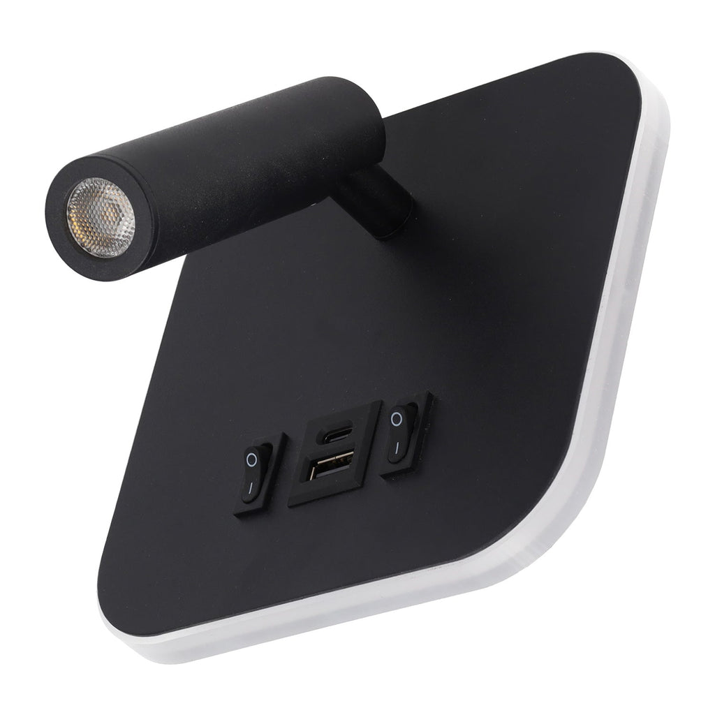 Foco LED quadrado de 9 W com saída USB-C, 630 lm, 3000 K, preto