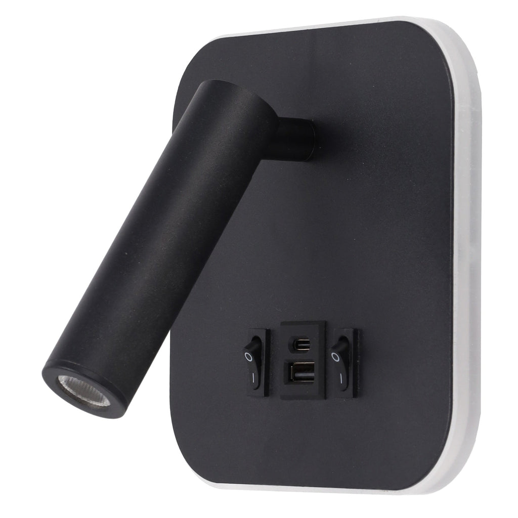 Foco LED quadrado de 9 W com saída USB-C, 630 lm, 3000 K, preto