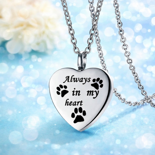 Pet Memorial Ashes Necklace – “Always in My Heart” Paw Print Keepsake Pendant 💜