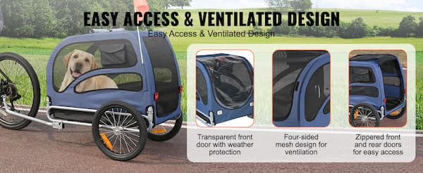 Remolque para bicicleta de perro de servicio pesado - Transportín plegable para mascotas con reflectores, bandera de seguridad y acoplador (hasta 45 kg)