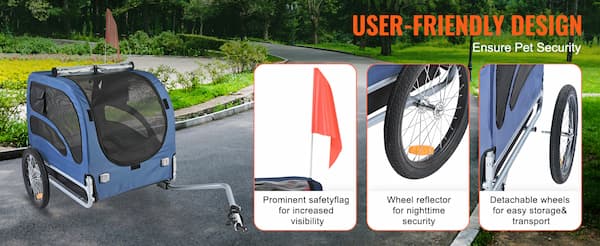 Remolque para bicicleta de perro de servicio pesado - Transportín plegable para mascotas con reflectores, bandera de seguridad y acoplador (hasta 45 kg)