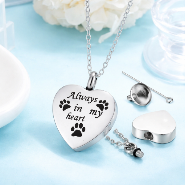 Pet Memorial Ashes Necklace – “Always in My Heart” Paw Print Keepsake Pendant 💜