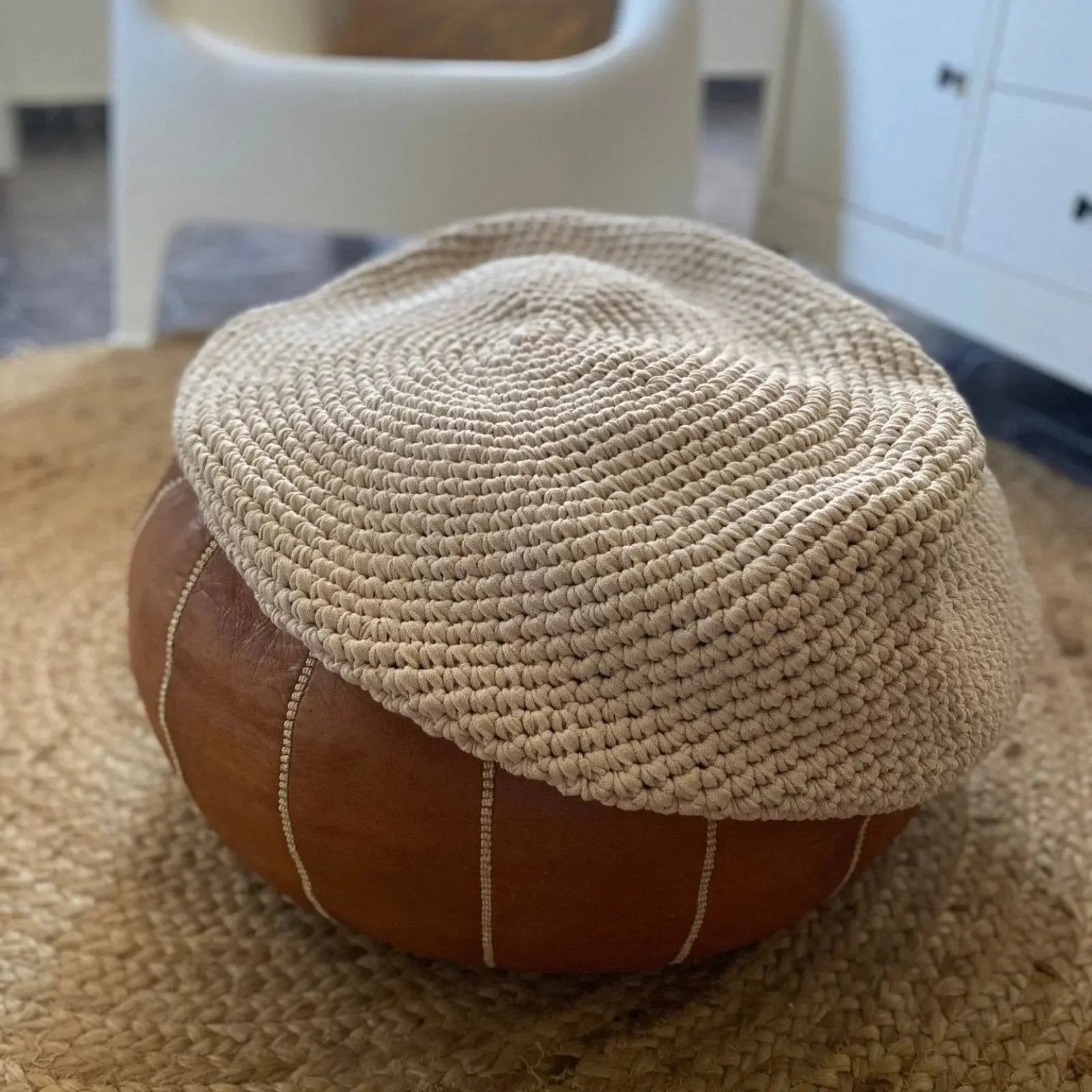 Fundas redondas para pufs, fundas de puf de ganchillo beis