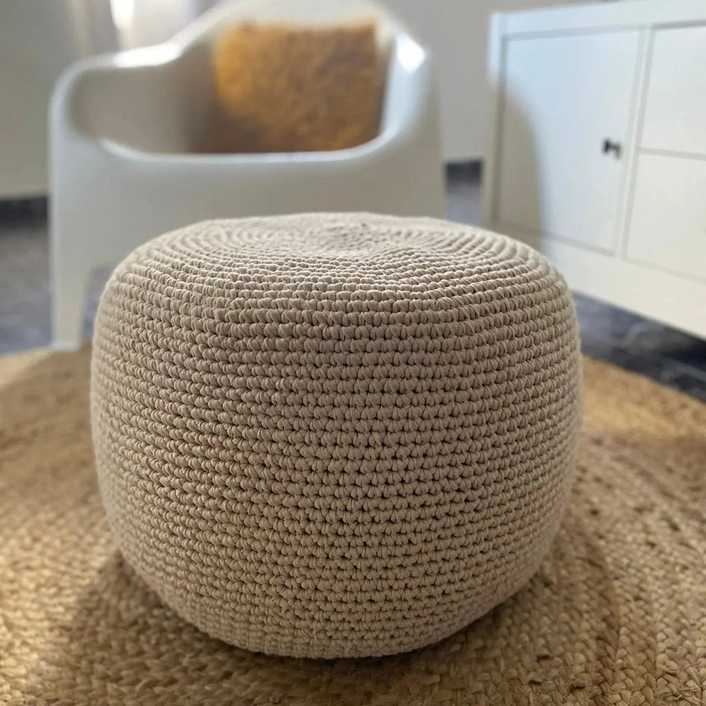 Round Ottoman Slipcovers, Beige Crochet Pouf Covers