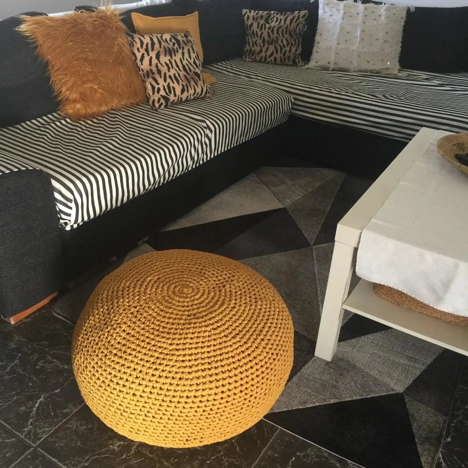 Round Ottoman Slipcovers, Beige Crochet Pouf Covers