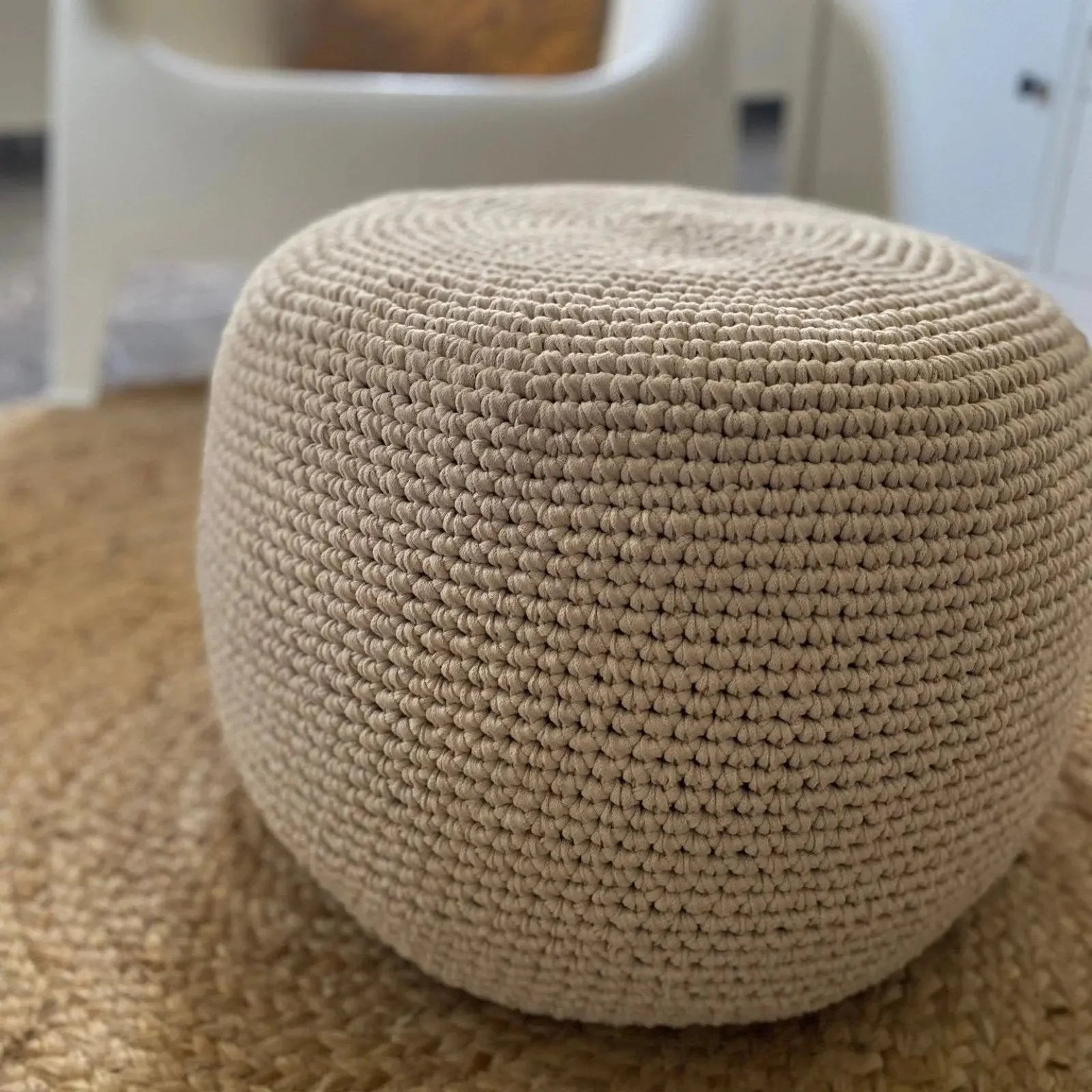 Round Ottoman Slipcovers, Beige Crochet Pouf Covers
