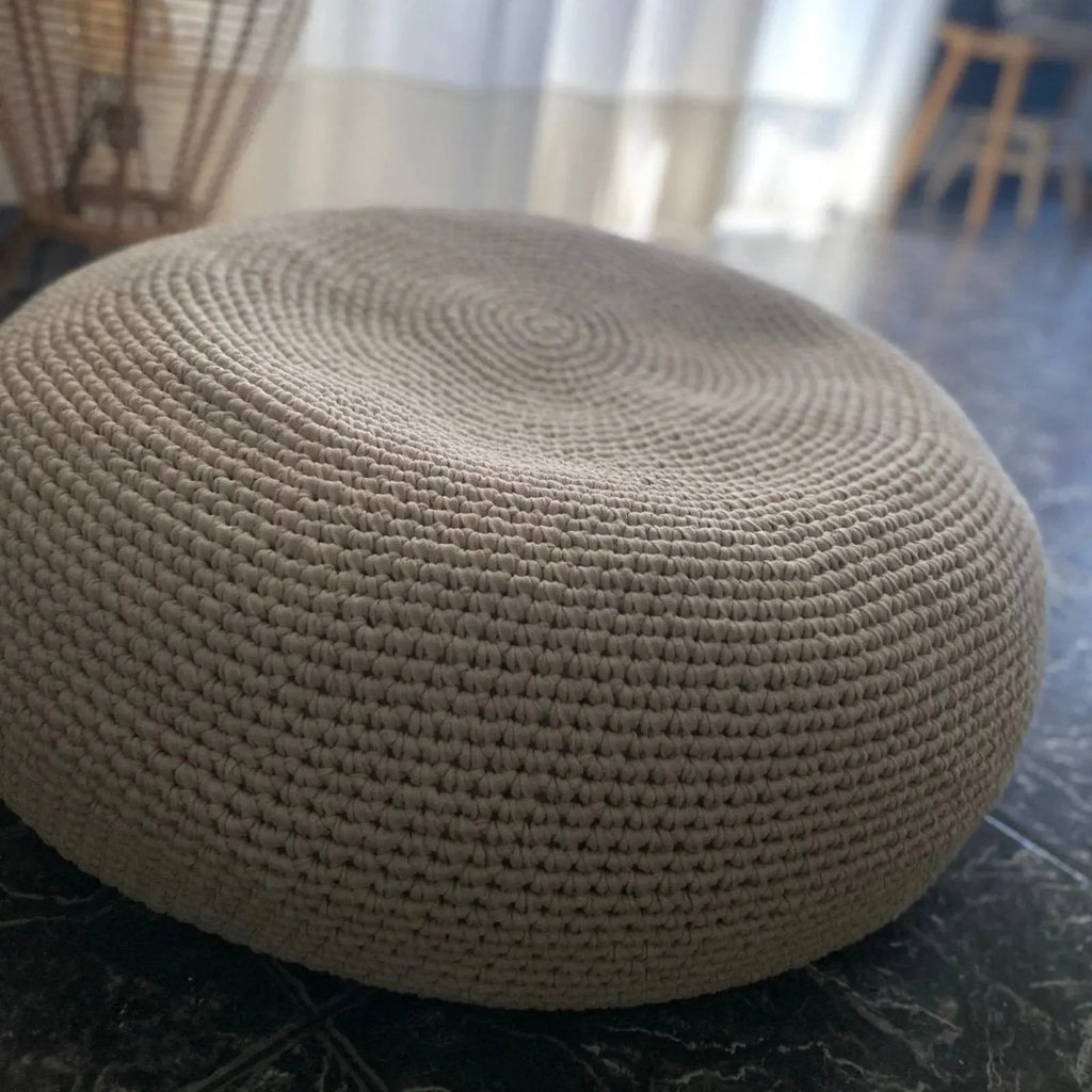 Round Ottoman Slipcovers, Beige Crochet Pouf Covers