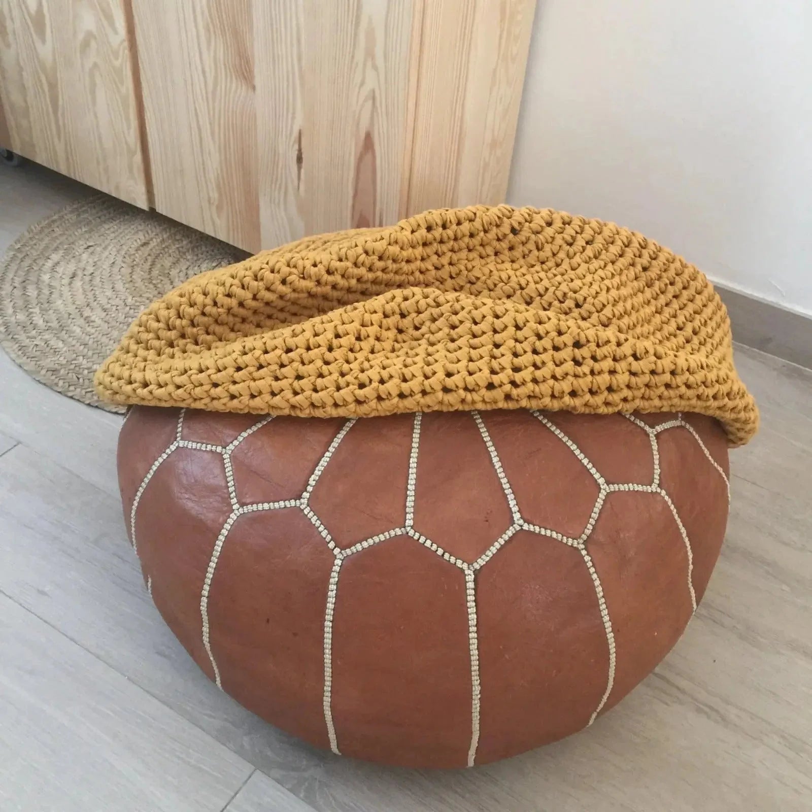 Round Ottoman Slipcovers, Beige Crochet Pouf Covers