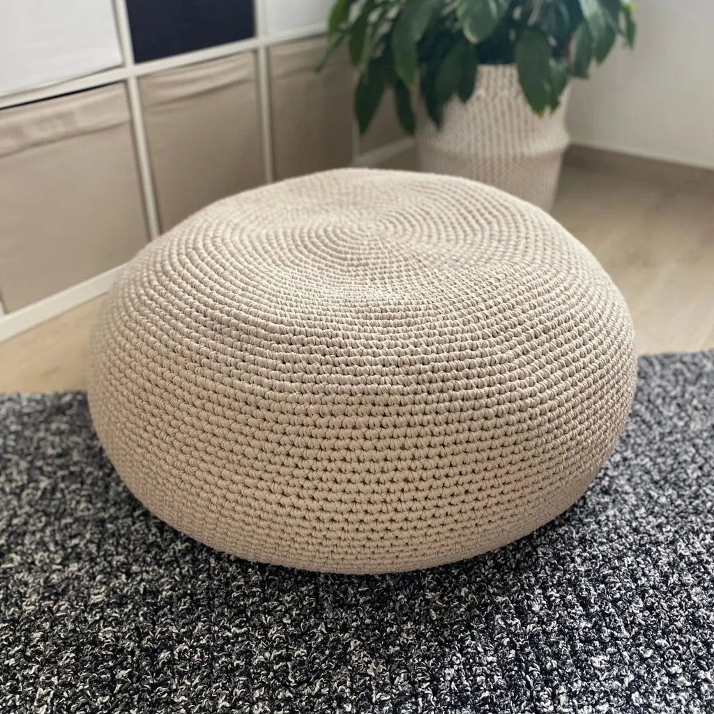 Round Ottoman Slipcovers, Beige Crochet Pouf Covers
