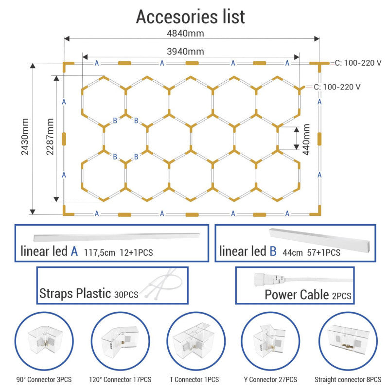 Lámpara LED Hexagonal - 6000K - 14 Hexágonos + Rectángulo 5m