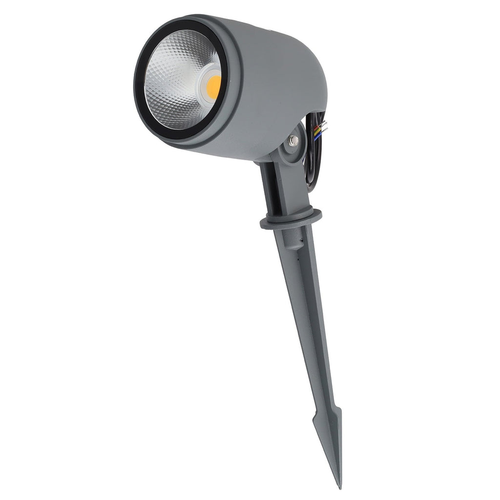 Refletor LED com estaca para jardim, 12W, IP65, 2700K, acabamento cinza.