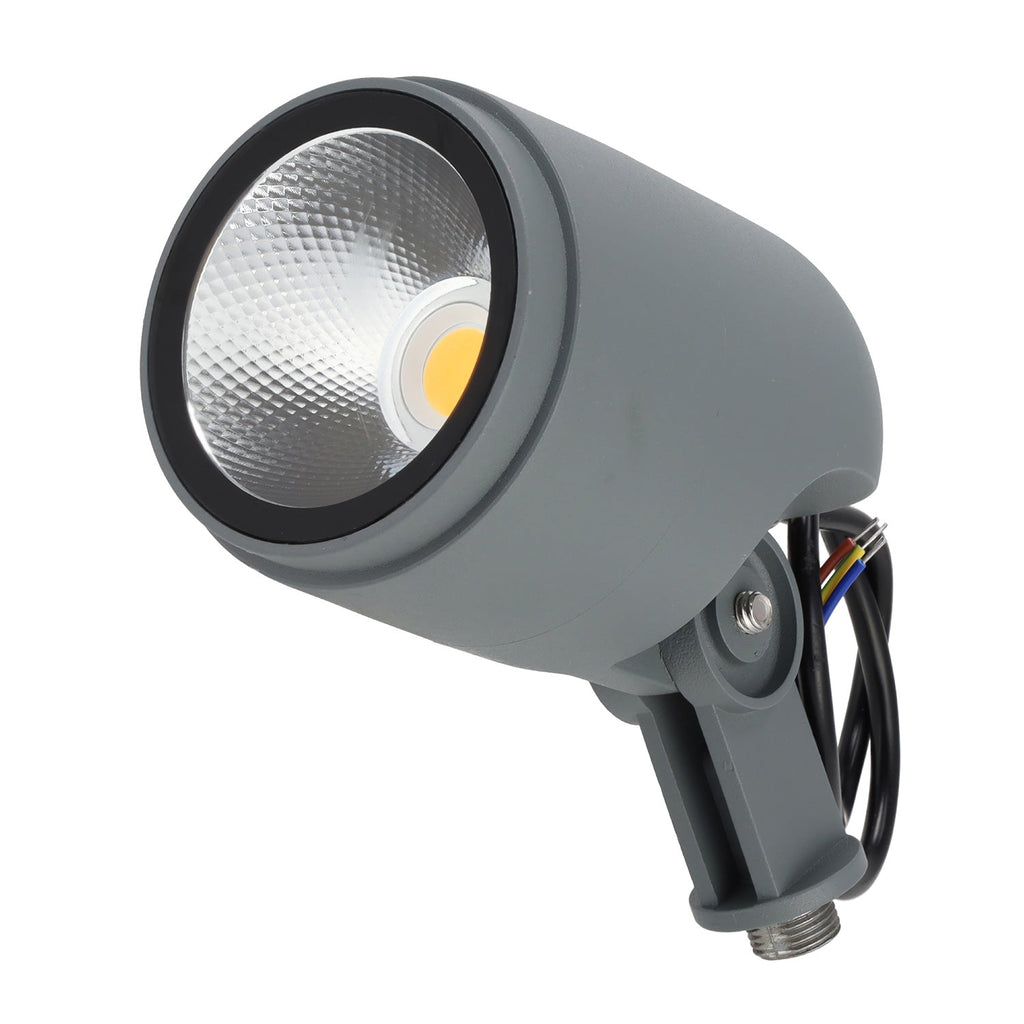 Refletor LED com estaca para jardim, 12W, IP65, 2700K, acabamento cinza.