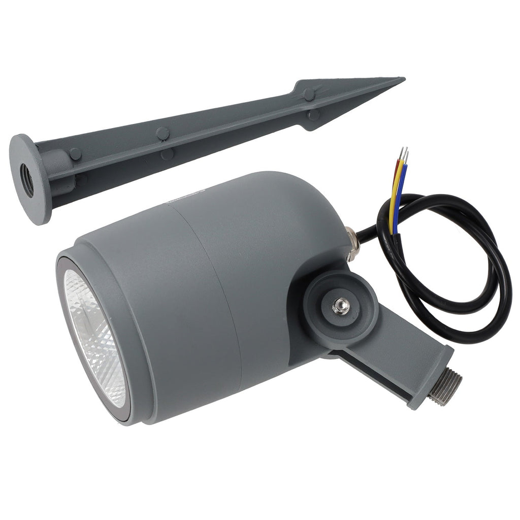 Refletor LED com estaca para jardim, 12W, IP65, 2700K, acabamento cinza.