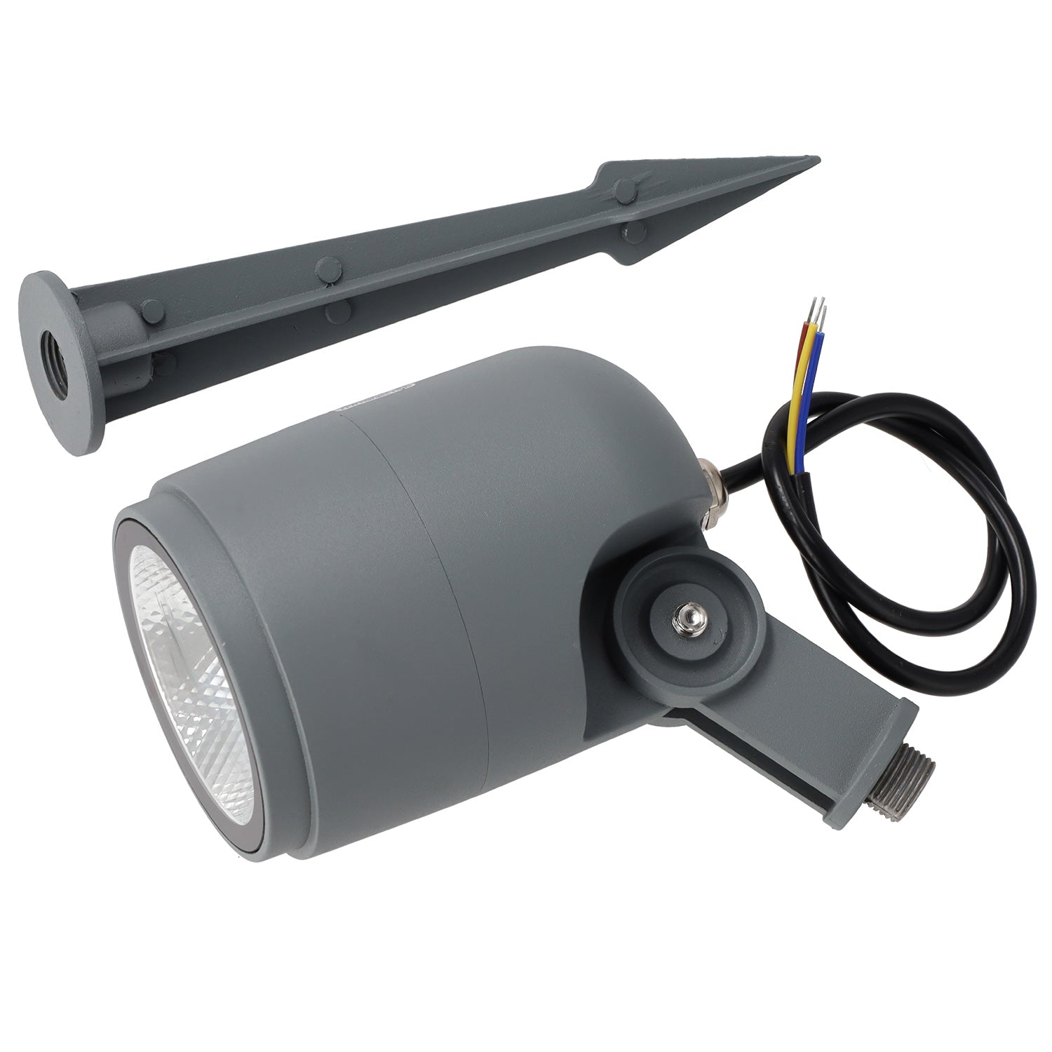 Refletor LED com estaca para jardim, 12W, IP65, 2700K, acabamento cinza.