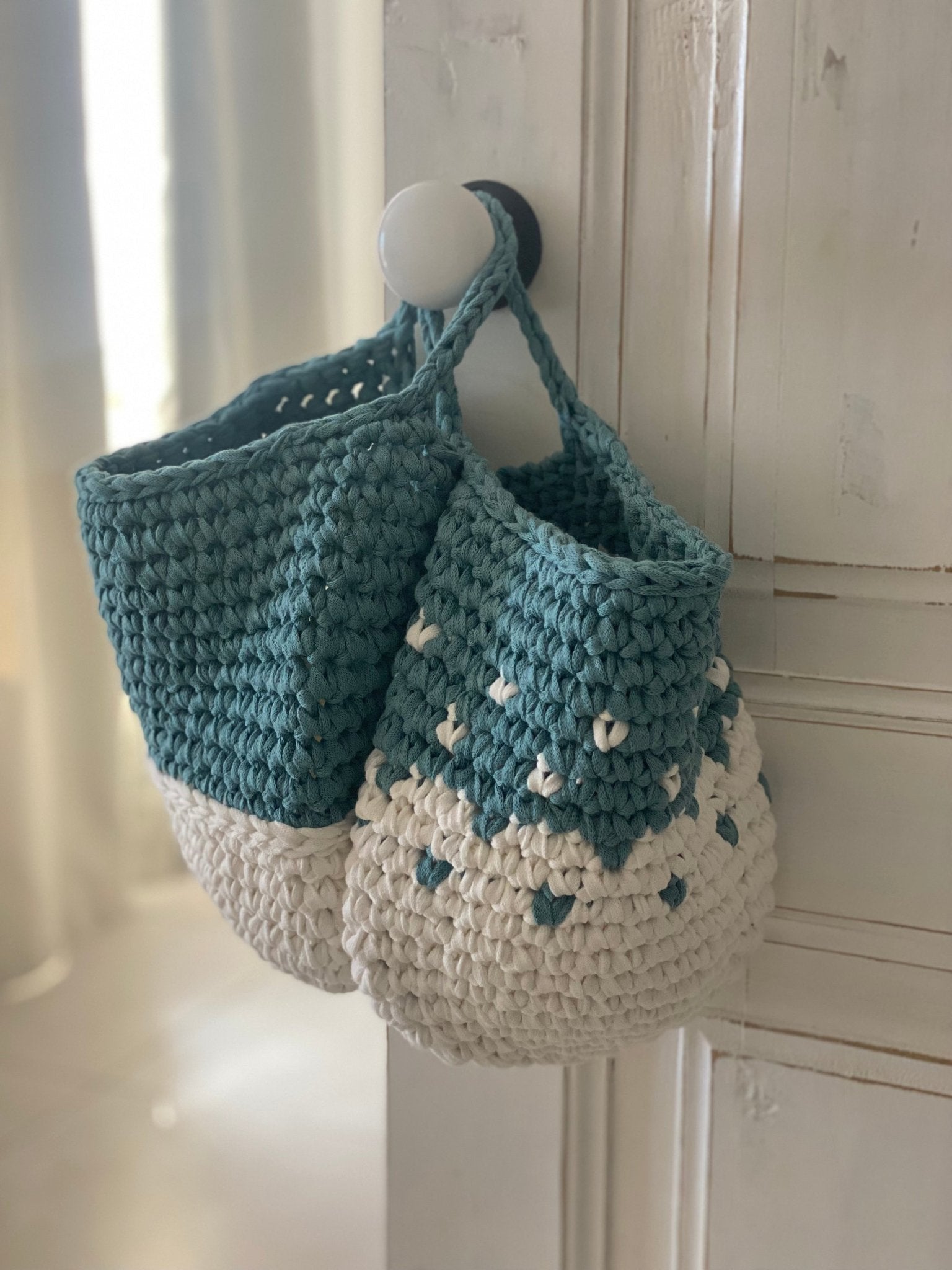 Teal Wall Hanging Basket Set, Knitted Storage Bags