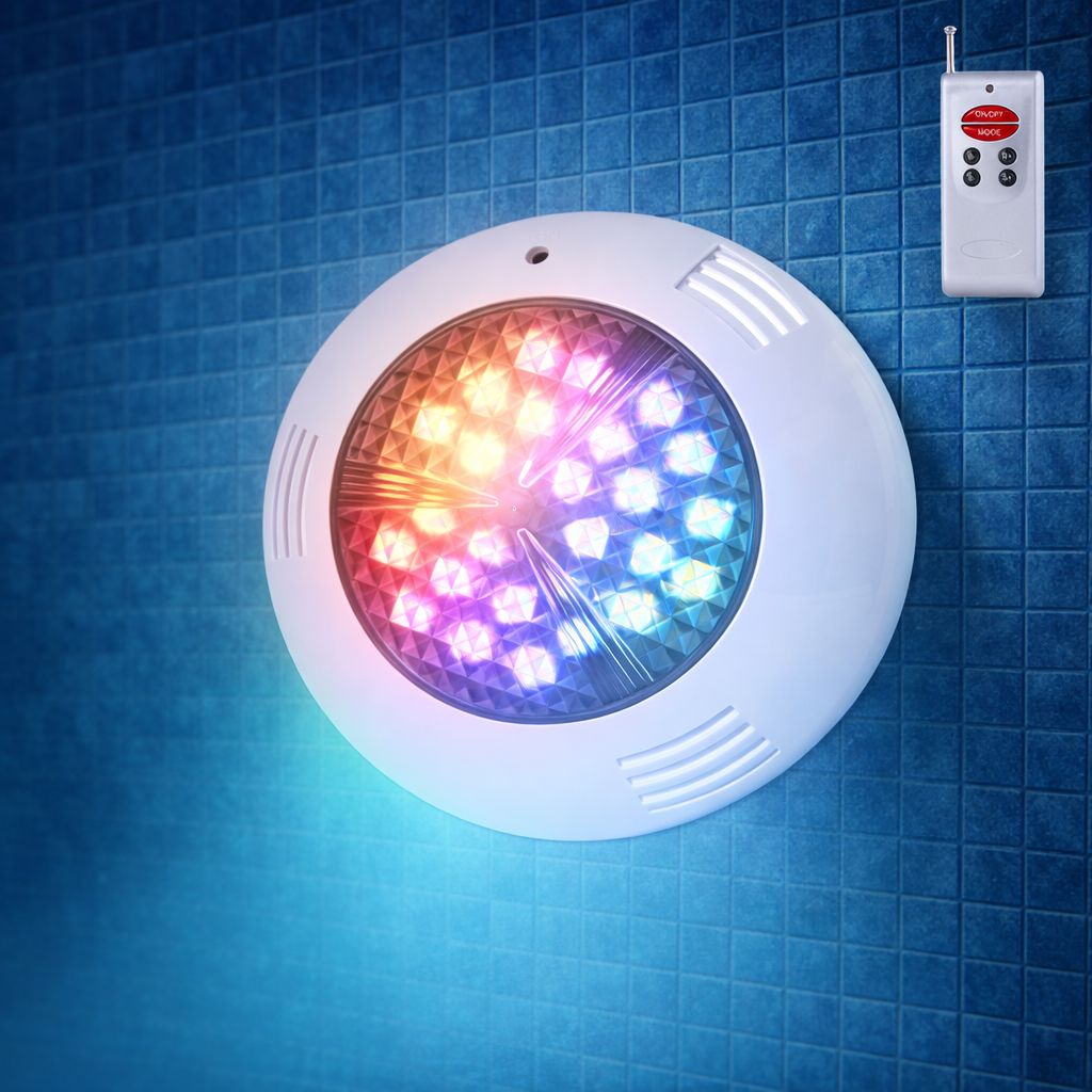 Refletor LED RGB 36W para Piscina com Controle Remoto Ø295mm 30.000H Montagem em Superfície [WR-295-2AS-36W-RGB]